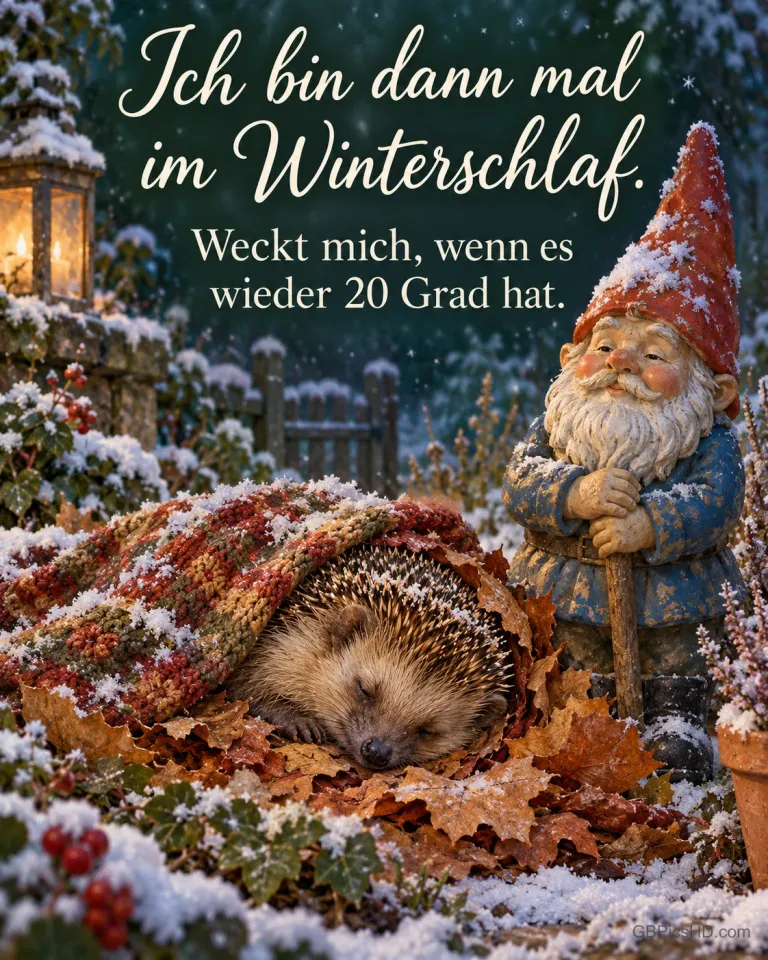 Ein Igel schläft unter einer kleinen Strickdecke im Laub, ein Gartenzwerg hält Wache, es fällt der erste Schnee, dazu "Ich bin dann mal im Winterschlaf".
