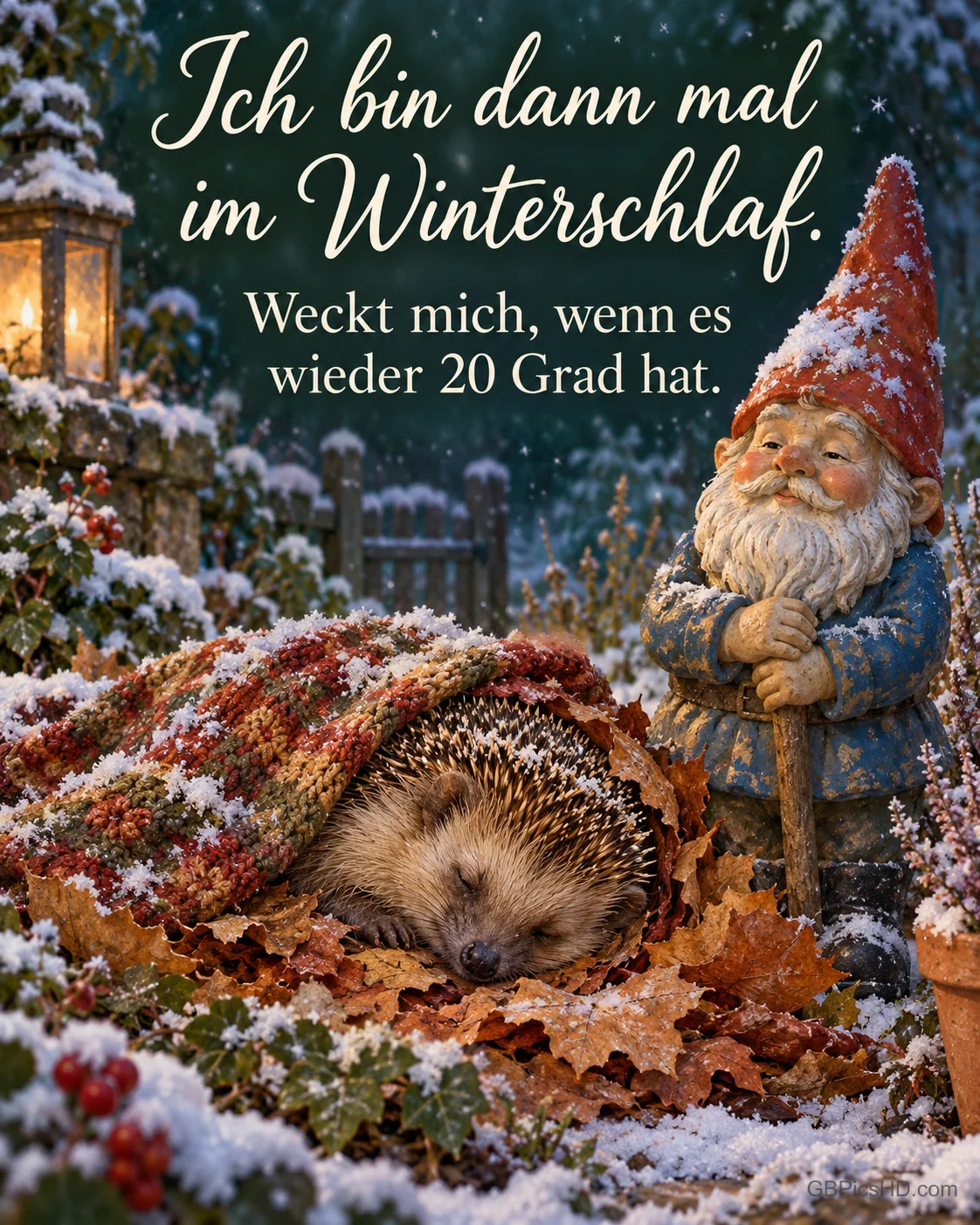 Ein Igel schläft unter einer kleinen Strickdecke im Laub, ein Gartenzwerg hält Wache, es fällt der erste Schnee, dazu "Ich bin dann mal im Winterschlaf".