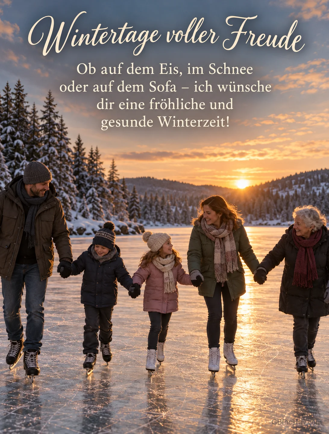 Eine Familie läuft Hand in Hand auf einem zugefrorenen See im goldenen Abendlicht Schlittschuh, dazu "Wintertage voller Freude". Eine Familie läuft Hand in Hand auf einem zugefrorenen See im goldenen Abendlicht Schlittschuh, dazu "Wintertage voller Freude".