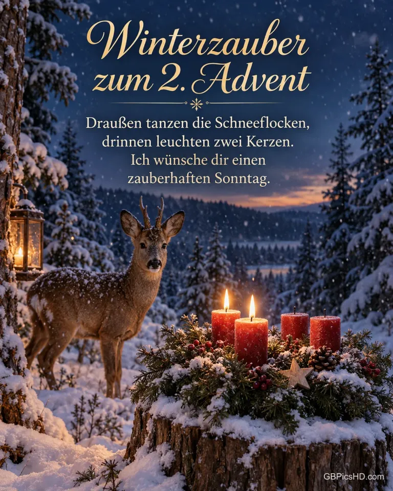 Ein Reh steht am verschneiten Waldrand, im Vordergrund ein Adventskranz mit zwei brennenden Kerzen auf einem Baumstumpf, dazu "Winterzauber zum 2. Advent".