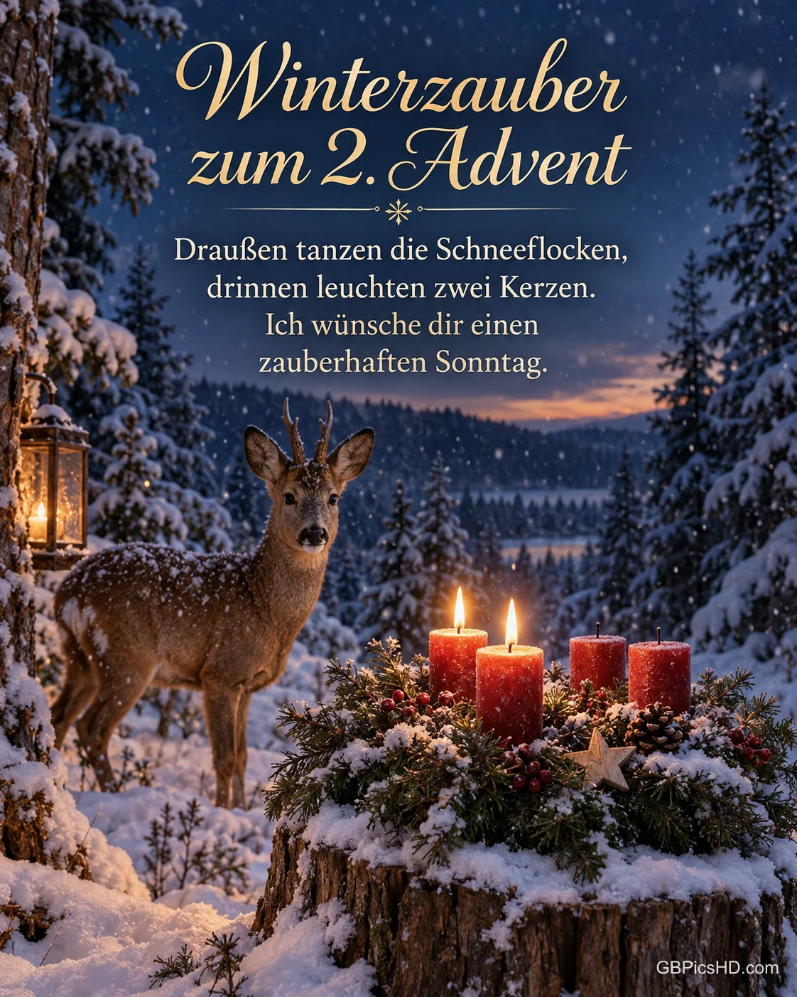 Ein Reh steht am verschneiten Waldrand, im Vordergrund ein Adventskranz mit zwei brennenden Kerzen auf einem Baumstumpf, dazu "Winterzauber zum 2. Advent".