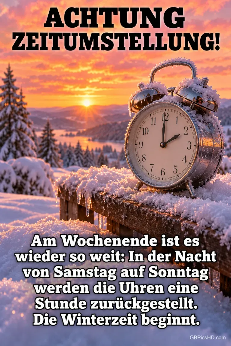 Silberner Wecker auf einem verschneiten Holzgeländer vor einer Winterlandschaft im rosa Sonnenuntergang, dazu ein Hinweis zur Zeitumstellung auf Winterzeit