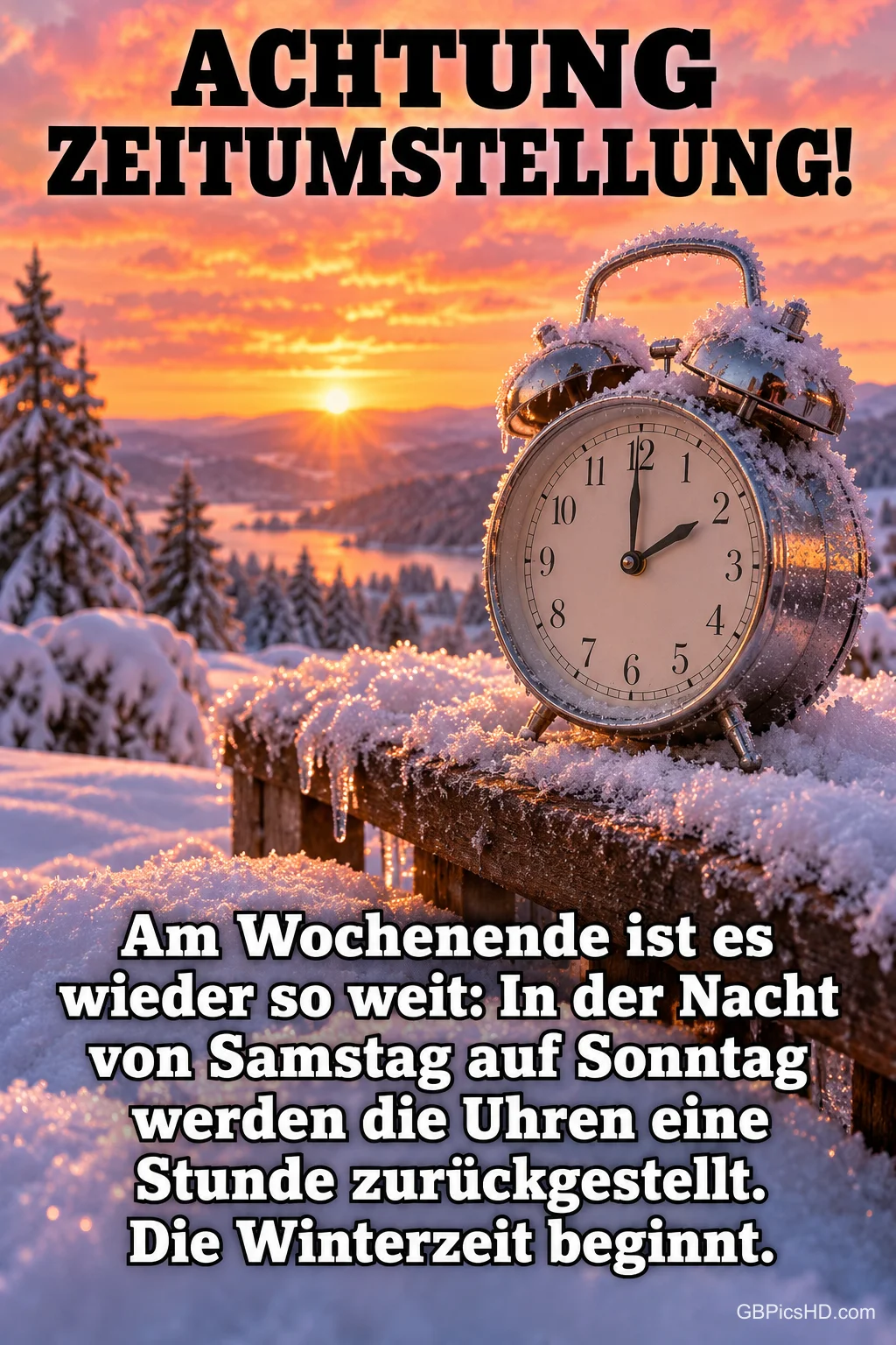 Silberner Wecker auf einem verschneiten Holzgeländer vor einer Winterlandschaft im rosa Sonnenuntergang, dazu ein Hinweis zur Zeitumstellung auf Winterzeit Silberner Wecker auf einem verschneiten Holzgeländer vor einer Winterlandschaft im rosa Sonnenuntergang, dazu ein Hinweis zur Zeitumstellung auf Winterzeit
