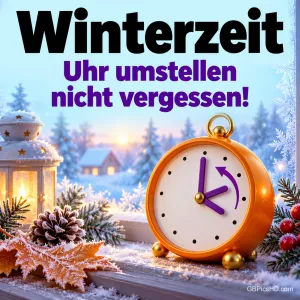 Orangefarbener Wecker mit lila Zeigern und Pfeil zum Zurückstellen auf einer frostigen Fensterbank, daneben Laterne, Tannenzapfen und verschneite Winterlandschaft