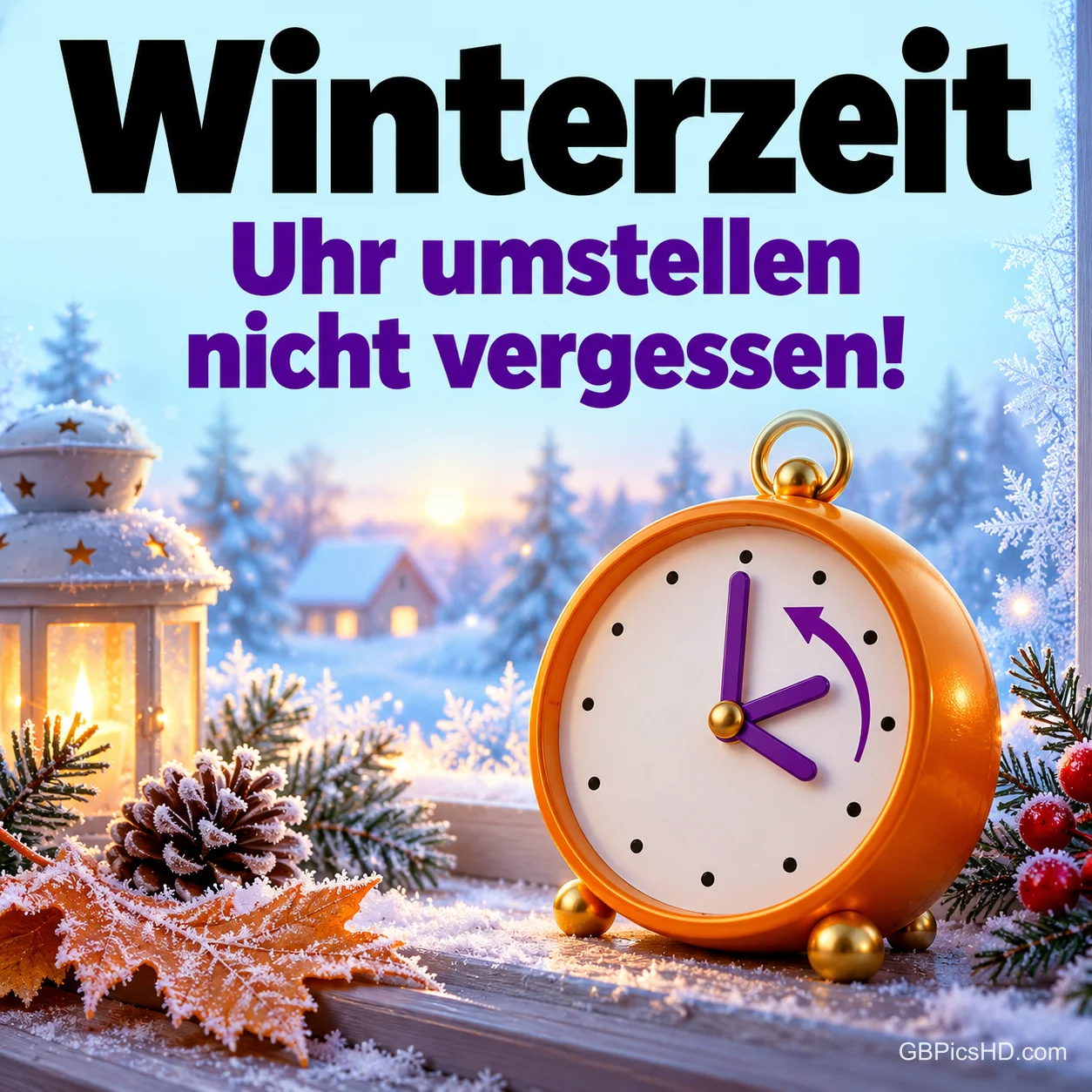 Orangefarbener Wecker mit lila Zeigern und Pfeil zum Zurückstellen auf einer frostigen Fensterbank, daneben Laterne, Tannenzapfen und verschneite Winterlandschaft