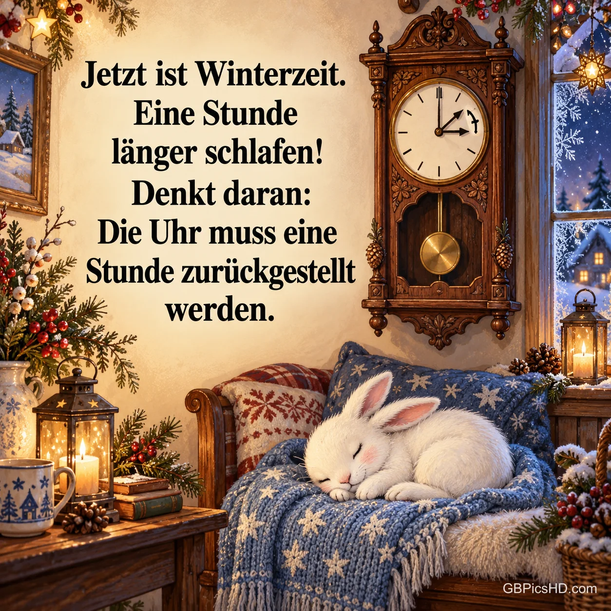 Weißes Häschen schläft auf einem Sessel unter einer Sternendecke, darüber hängt eine alte Pendeluhr an der Wand, dazu Laterne und Winterfenster