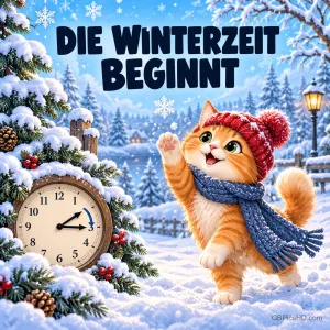Fröhliche Katze mit roter Bommelmütze und blauem Schal im verschneiten Wald, daneben eine Wanduhr mit Pfeil für das Zurückstellen der Zeit
