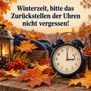 Dunkelblauer Wecker mit rotem Pfeil zwischen Herbstlaub, Vogelbeeren, Tannenzapfen und einer Laterne auf einem Holztisch im warmen Abendlicht