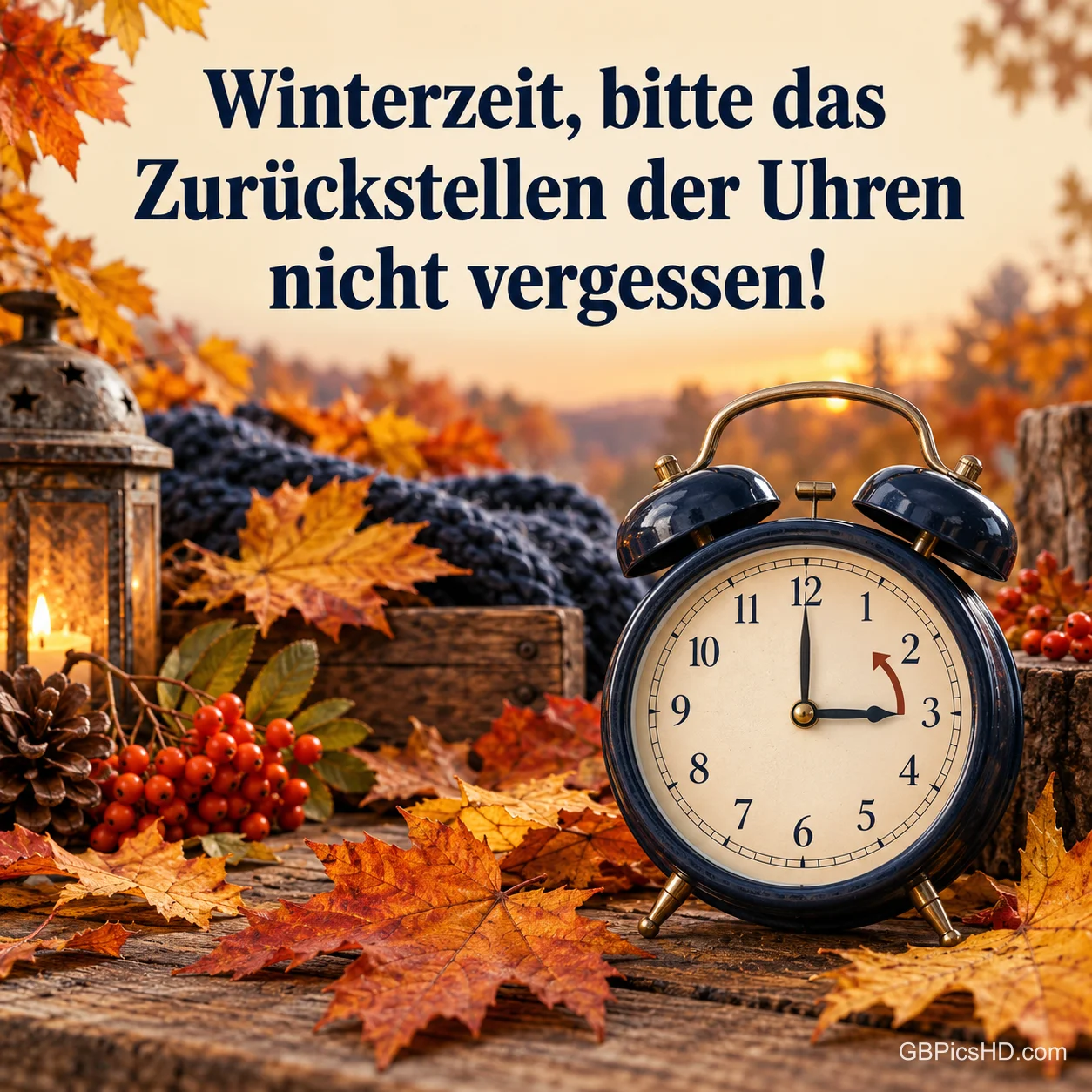 Dunkelblauer Wecker mit rotem Pfeil zwischen Herbstlaub, Vogelbeeren, Tannenzapfen und einer Laterne auf einem Holztisch im warmen Abendlicht