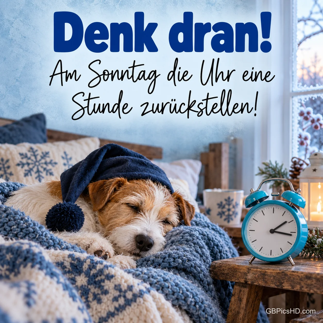 Ein Hund mit Schlafmütze döst auf einer gestrickten Decke im Bett, daneben steht ein türkisfarbener Wecker am winterlichen Fenster Ein Hund mit Schlafmütze döst auf einer gestrickten Decke im Bett, daneben steht ein türkisfarbener Wecker am winterlichen Fenster