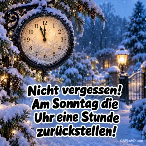 Verschneite Uhr mit Zeigern kurz vor zwölf hängt an einem Tannenzweig, dahinter ein winterlicher Park mit Laterne und Tor bei Nacht