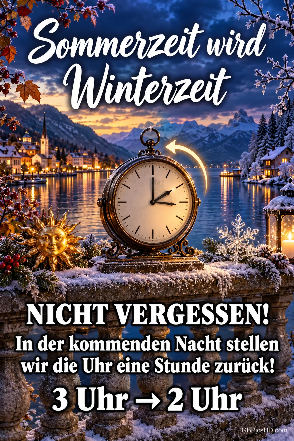 Nostalgische Uhr mit Pfeil zum Zurückstellen auf einer verschneiten Mauer, dahinter ein beleuchtetes Dorf am See vor Bergen, Hinweis 3 Uhr wird 2 Uhr Nostalgische Uhr mit Pfeil zum Zurückstellen auf einer verschneiten Mauer, dahinter ein beleuchtetes Dorf am See vor Bergen, Hinweis 3 Uhr wird 2 Uhr