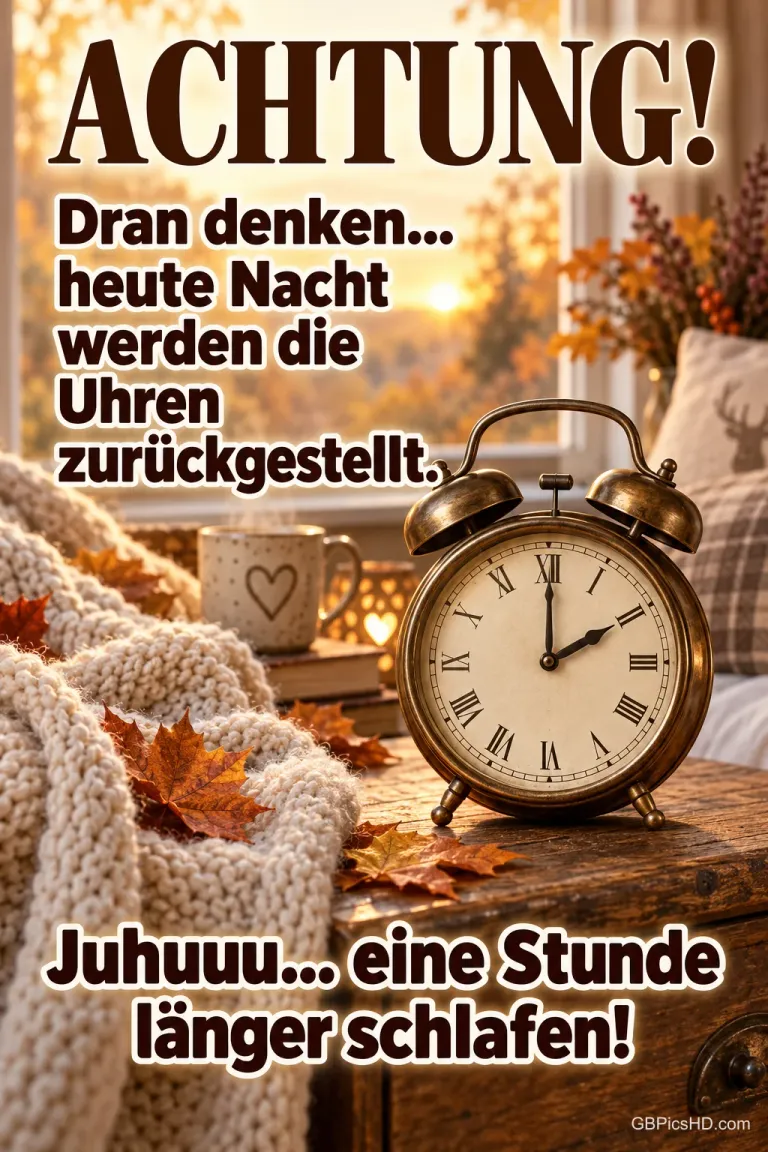 Alter Wecker mit römischen Ziffern auf einem Holztisch neben Strickdecke, Herbstblättern und einer Tasse am Fenster, Hinweis auf die Zeitumstellung