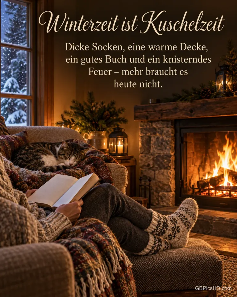 Ein gemütlicher Sessel am knisternden Kamin, Füße in dicken Wollsocken, ein offenes Buch und eine schlafende Katze auf der Wolldecke, dazu "Winterzeit ist Kuschelzeit".