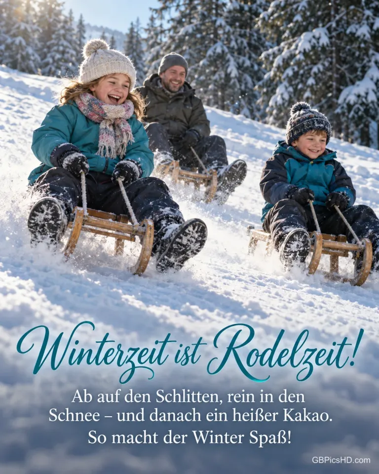 Zwei lachende Kinder und ihr Vater sausen auf Holzschlitten einen verschneiten Hang hinunter, dazu "Winterzeit ist Rodelzeit!".