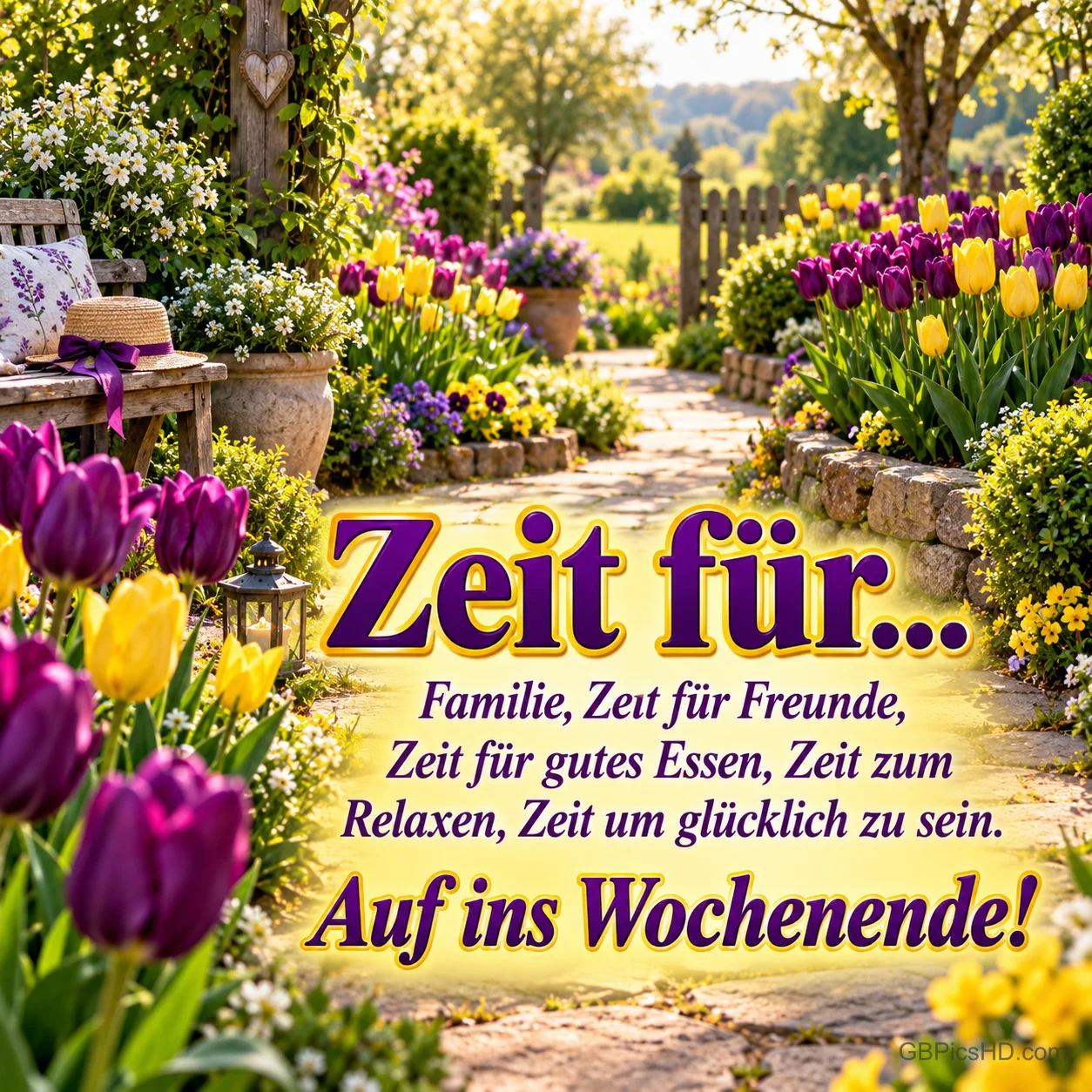 Gelbe und violette Tulpen säumen einen sonnigen Gartenweg mit dem Gruß "Auf ins Wochenende!".