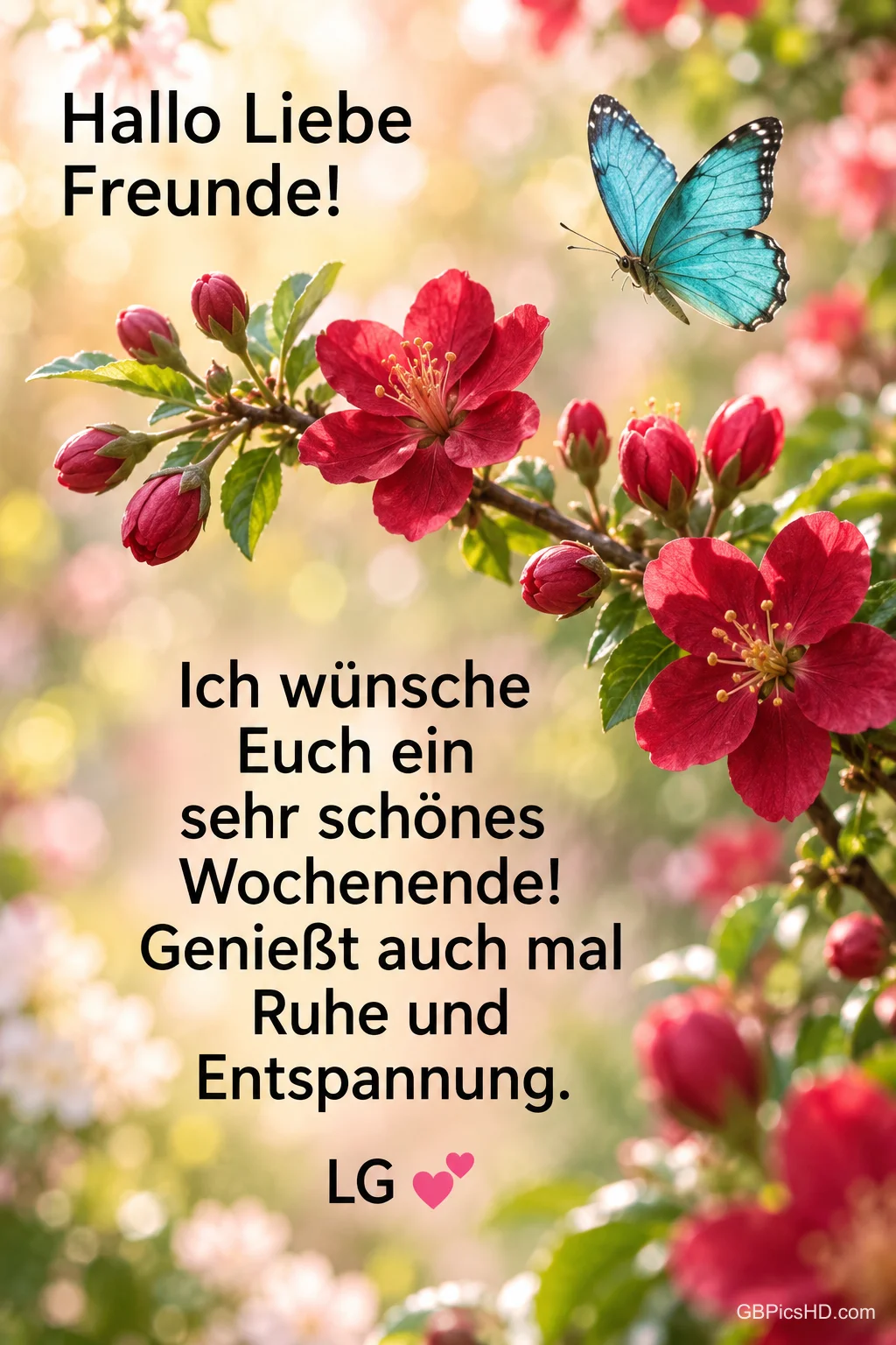 Ein blauer Schmetterling fliegt über einen Zweig mit roten Blüten; daneben steht "Hallo liebe Freunde!". Ein blauer Schmetterling fliegt über einen Zweig mit roten Blüten; daneben steht "Hallo liebe Freunde!".
