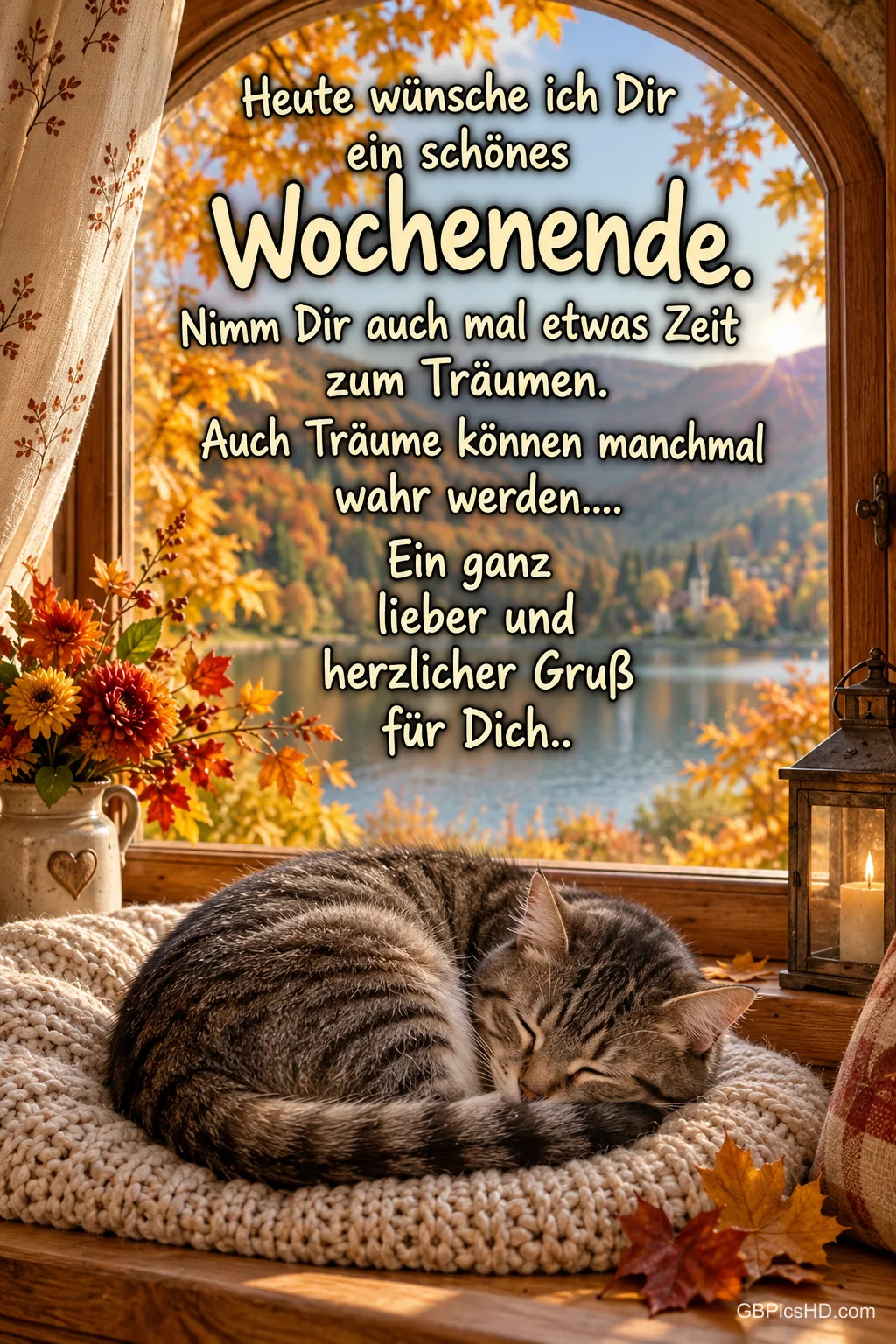 Eine getigerte Katze schläft auf einer Strickdecke am Fenster zum herbstlichen See mit "Heute wünsche ich Dir ein schönes Wochenende.".