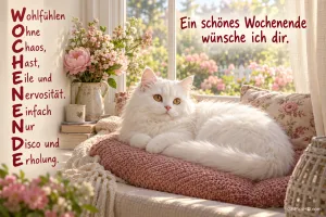Eine weiße Katze liegt auf einem rosa Strickkissen am blumengeschmückten Fenster mit "Ein schönes Wochenende wünsche ich dir.".