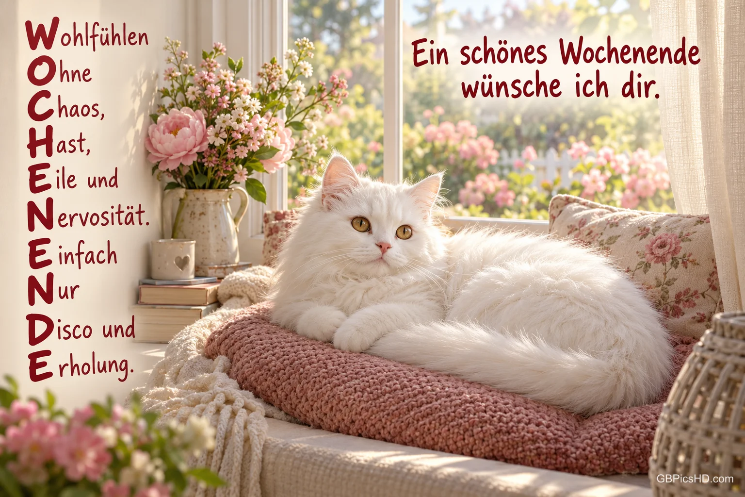 Eine weiße Katze liegt auf einem rosa Strickkissen am blumengeschmückten Fenster mit "Ein schönes Wochenende wünsche ich dir.".