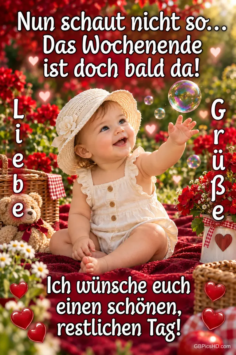 Ein Baby mit Sonnenhut greift zwischen roten Blumen nach Seifenblasen; daneben steht "Liebe Grüße".