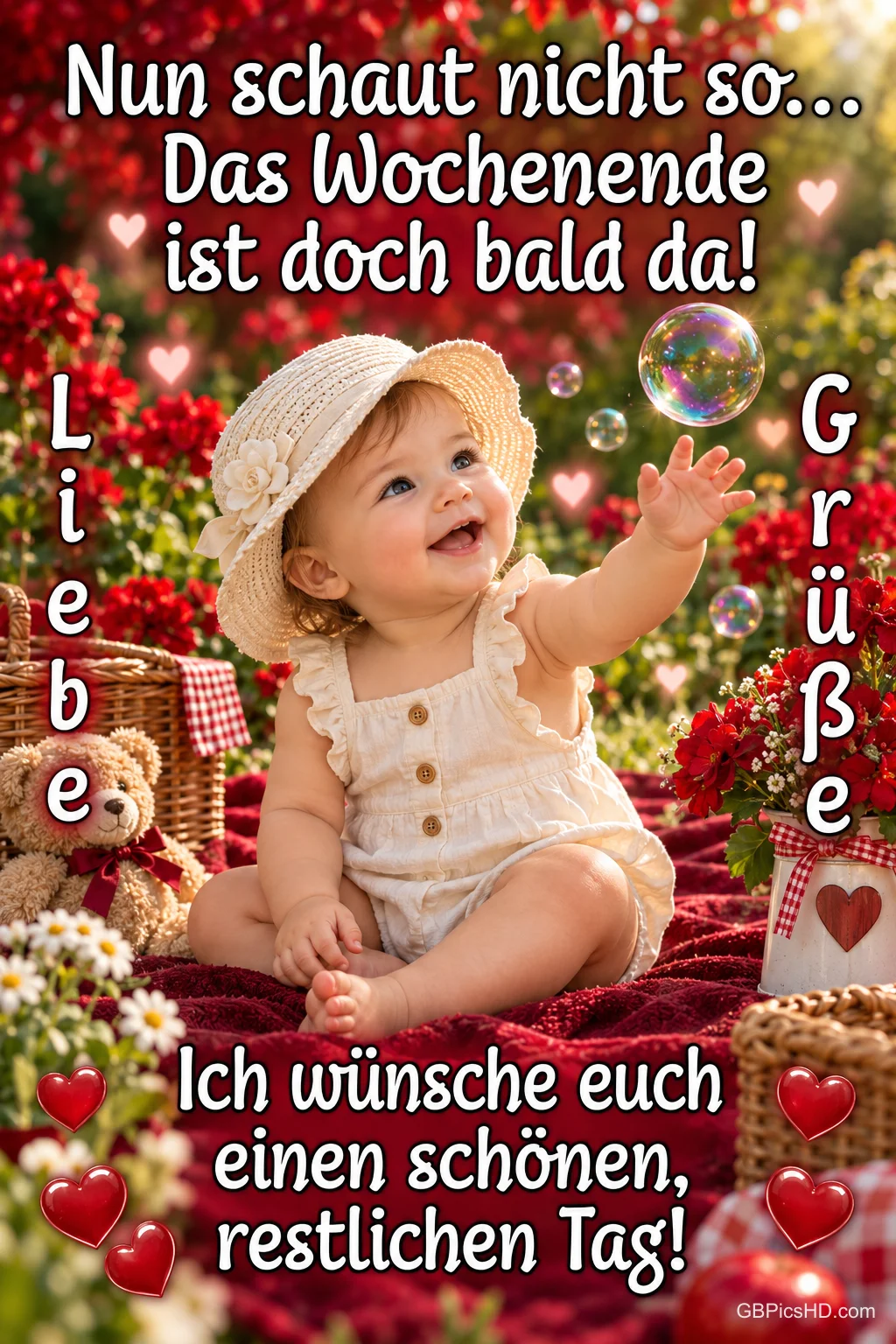 Ein Baby mit Sonnenhut greift zwischen roten Blumen nach Seifenblasen; daneben steht "Liebe Grüße". Ein Baby mit Sonnenhut greift zwischen roten Blumen nach Seifenblasen; daneben steht "Liebe Grüße".