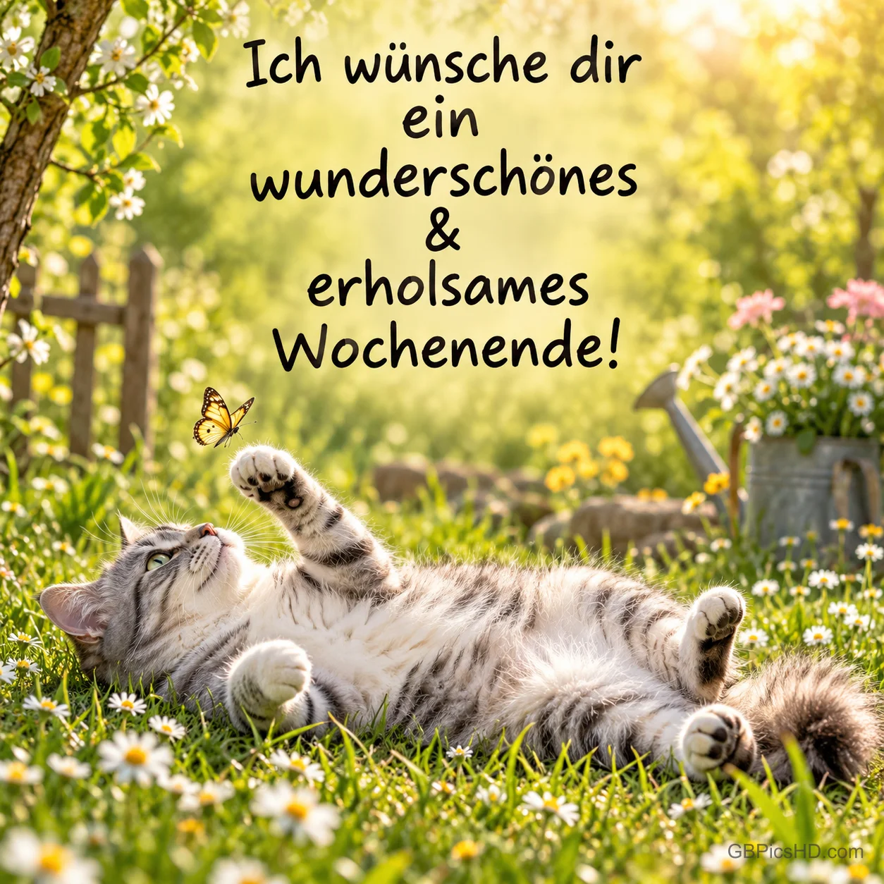 Eine Katze liegt im blühenden Garten und hebt die Pfote zu einem Schmetterling: "ein wunderschönes & erholsames Wochenende!".