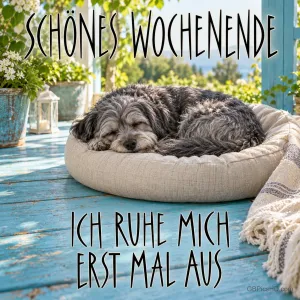 Ein Hund schläft im Körbchen auf einer Terrasse: "SCHÖNES WOCHENENDE ICH RUHE MICH ERST MAL AUS".