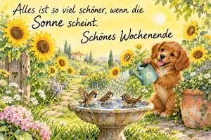 Ein Welpe gießt mit einer Gießkanne Wasser auf Vögel im Vogelbad zwischen Sonnenblumen; darüber steht "Schönes Wochenende".