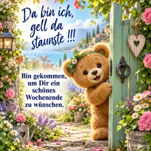 Ein Teddybär schaut durch ein Gartentor: "Da bin ich, gell da staunste !!! Bin gekommen, um Dir ein schönes Wochenende zu wünschen."
