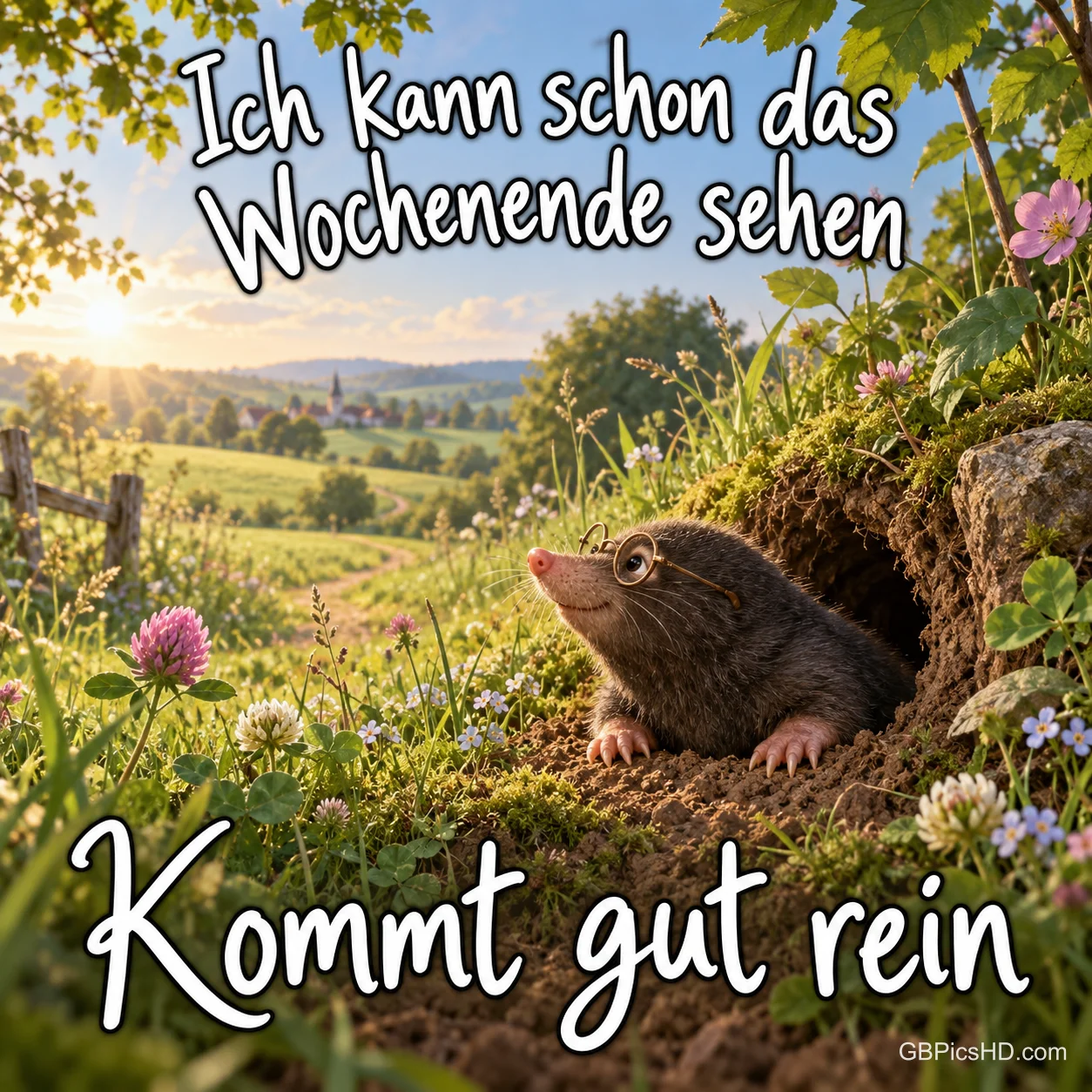 Ein Maulwurf mit Brille sitzt vor seinem Bau auf einer Blumenwiese: "Ich kann schon das Wochenende sehen Kommt gut rein".