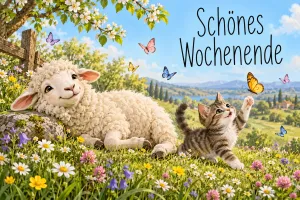 Ein Lamm liegt auf einer Blumenwiese, während ein Kätzchen nach Schmetterlingen greift: "Schönes Wochenende".