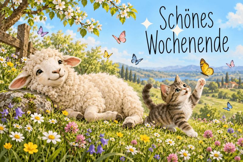 Ein Lamm liegt auf einer Blumenwiese, während ein Kätzchen nach Schmetterlingen greift: "Schönes Wochenende".
