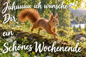 Ein Eichhörnchen springt über einen moosigen Baumstamm neben Blumen: "Juhuuuu ich wünsche Dir ein schönes Wochenende".