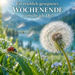 Eine Pusteblume und ein Marienkäfer auf einem taufrischen Blatt vor einem See: "Ein reichlich gesegnetes WOCHENENDE wünsche ich Dir!"