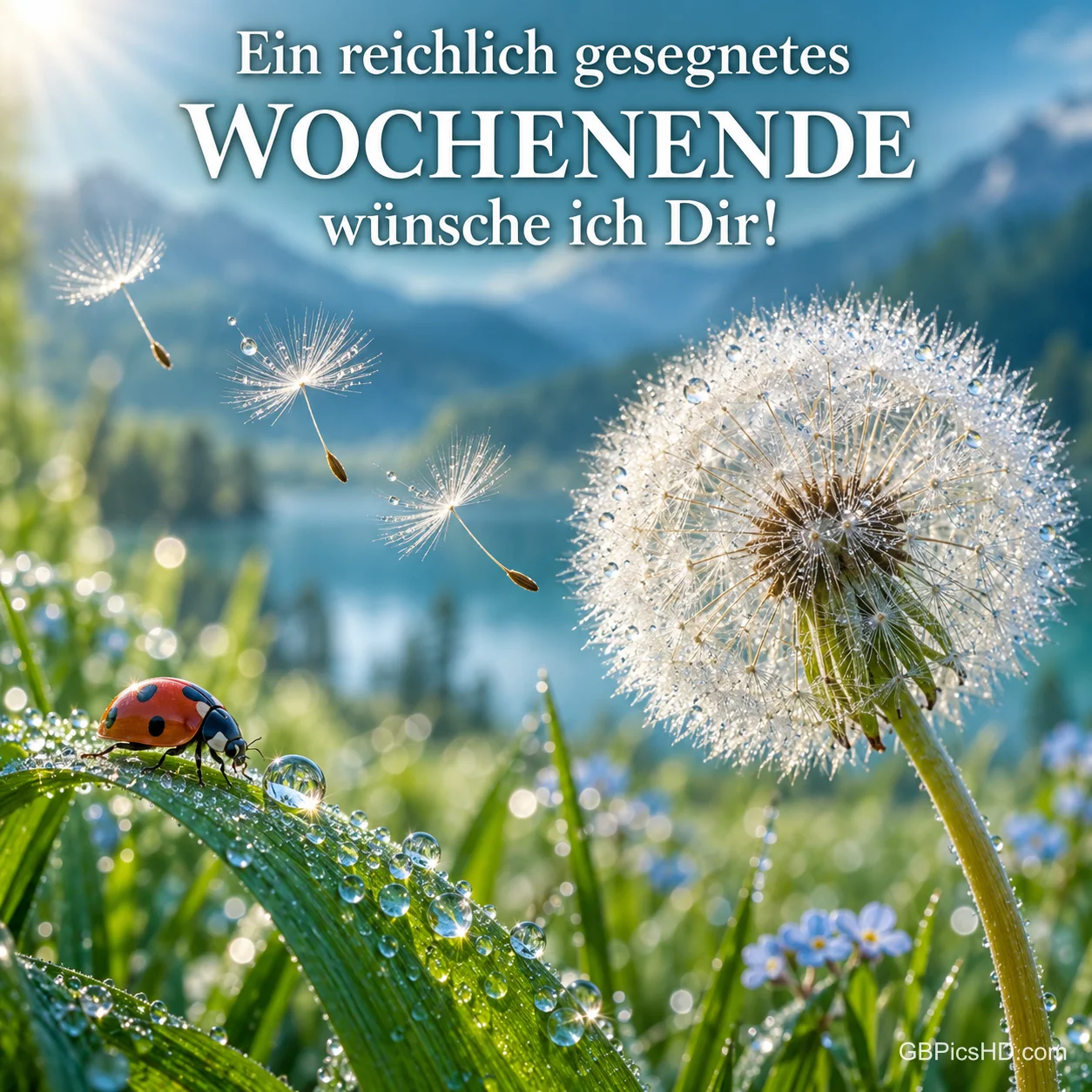 Eine Pusteblume und ein Marienkäfer auf einem taufrischen Blatt vor einem See: "Ein reichlich gesegnetes WOCHENENDE wünsche ich Dir!"