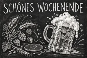 Ein lachender Bierkrug mit Schaum, Ähren und Hopfen ist als Kreidezeichnung mit "SCHÖNES WOCHENENDE" zu sehen.