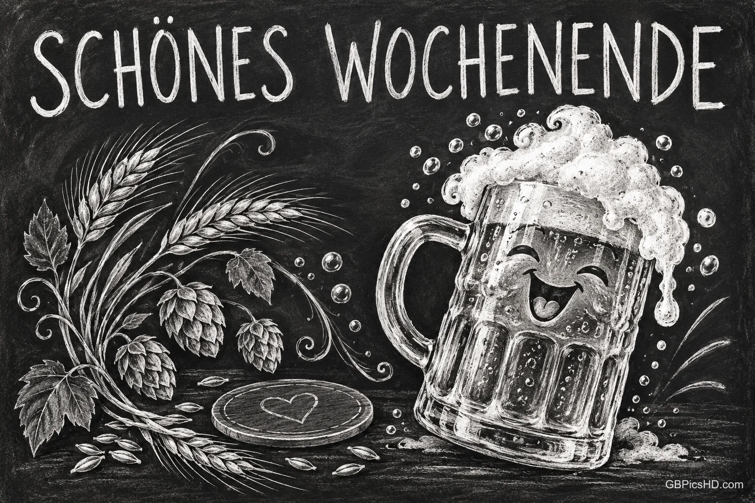 Ein lachender Bierkrug mit Schaum, Ähren und Hopfen ist als Kreidezeichnung mit "SCHÖNES WOCHENENDE" zu sehen.