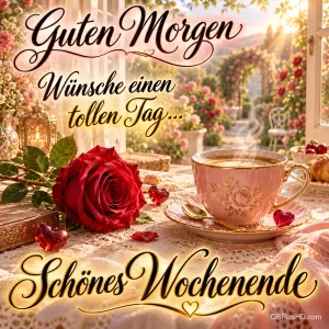 Eine rote Rose und eine rosa Kaffeetasse stehen im Sonnenlicht mit "Guten Morgen Wünsche einen tollen Tag... Schönes Wochenende".