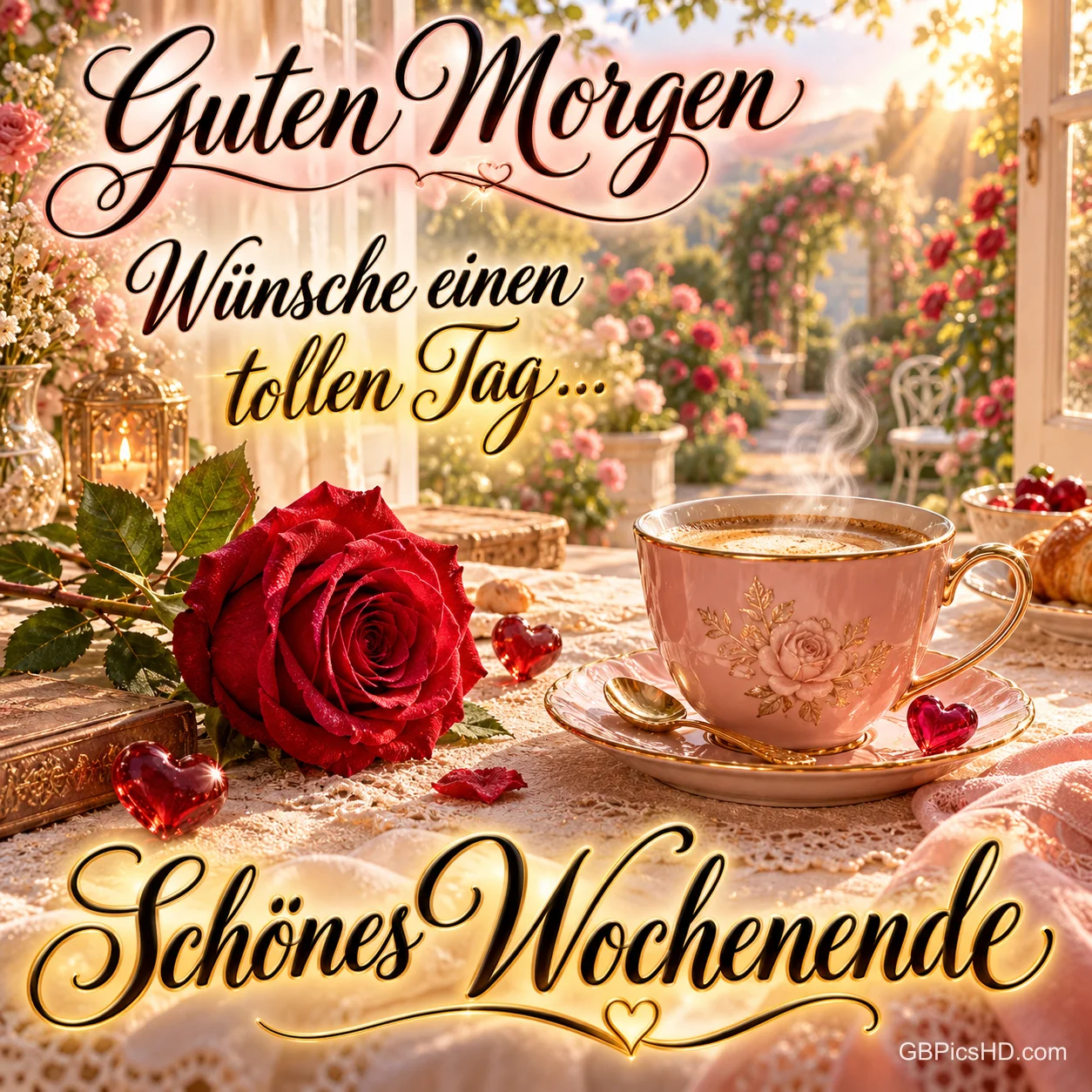 Eine rote Rose und eine rosa Kaffeetasse stehen im Sonnenlicht mit "Guten Morgen Wünsche einen tollen Tag... Schönes Wochenende".