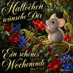 Eine kleine Maus sitzt bei roten und blauen Blumen auf einem moosigen Stein mit "Hallöchen wünsche dir ein schönes Wochenende".
