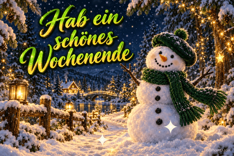 Ein Schneemann mit grünem Schal und Hut steht im verschneiten Wald unter "Hab ein schönes Wochenende".