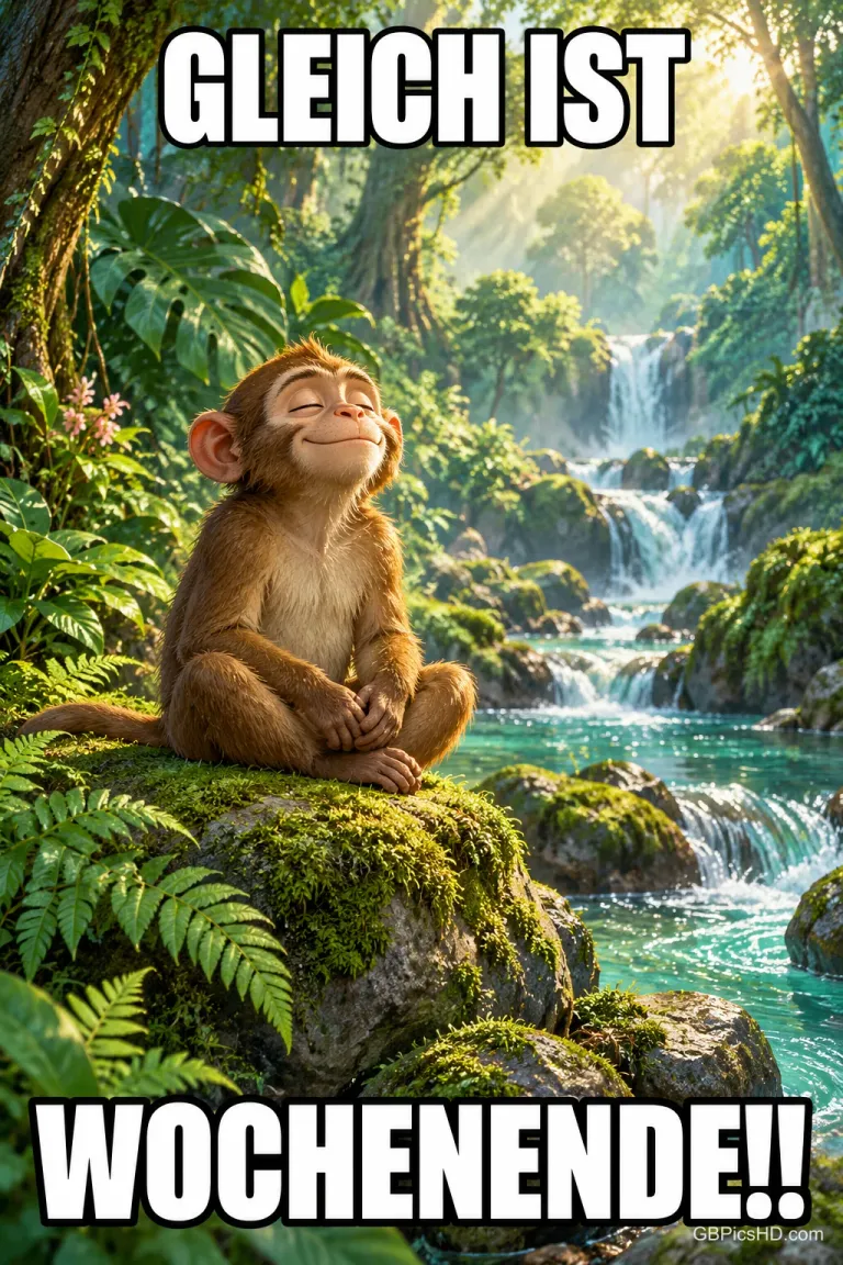 Ein kleiner Affe sitzt mit geschlossenen Augen auf einem moosigen Felsen am Wasserfall zwischen "GLEICH IST WOCHENENDE!!".