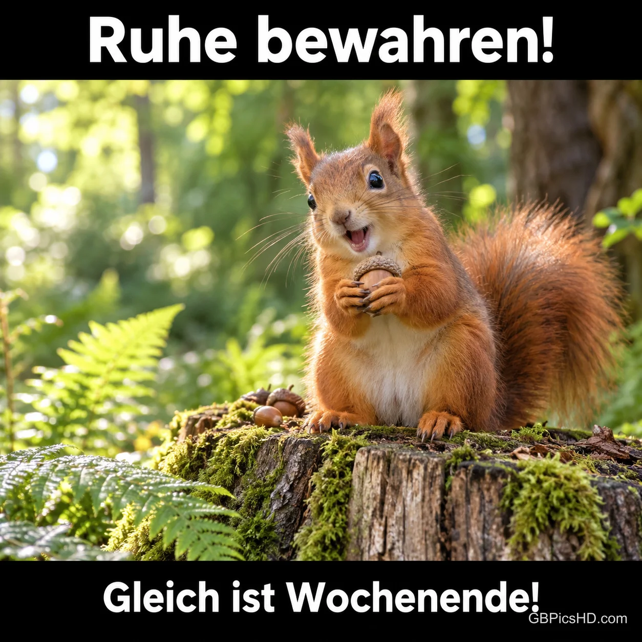 Ein Eichhörnchen hält eine Nuss auf einem moosigen Baumstumpf zwischen "Ruhe bewahren! Gleich ist Wochenende!".