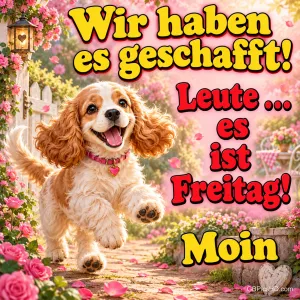 Ein fröhlicher Hund läuft durch einen Blumengarten neben dem Text "Wir haben es geschafft! Leute ... es ist Freitag! Moin".