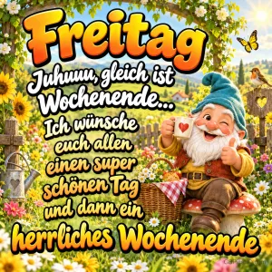 Ein Gartenzwerg sitzt mit einer Herztasse auf einem Fliegenpilz zwischen Blumen unter "Freitag".