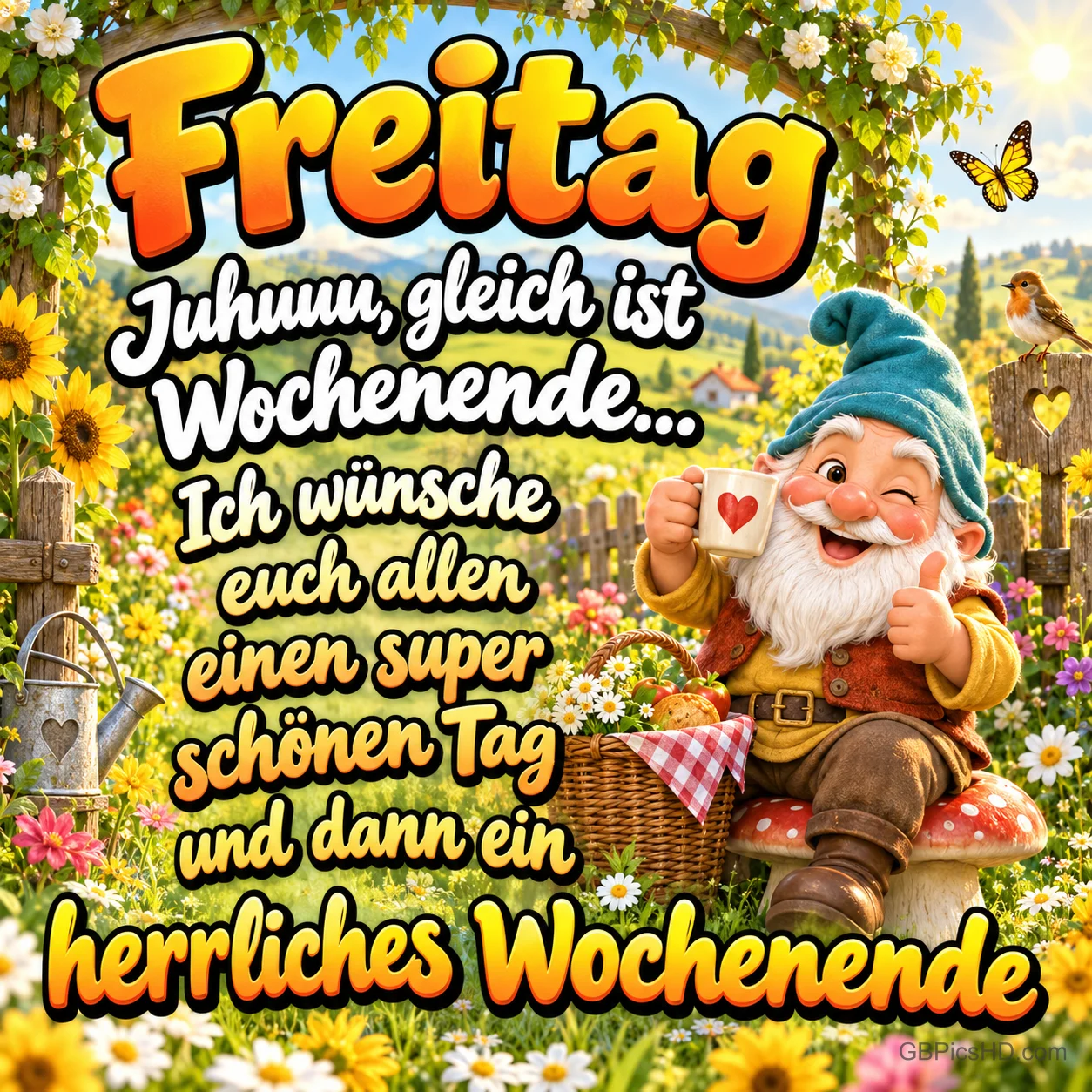 Ein Gartenzwerg sitzt mit einer Herztasse auf einem Fliegenpilz zwischen Blumen unter "Freitag".