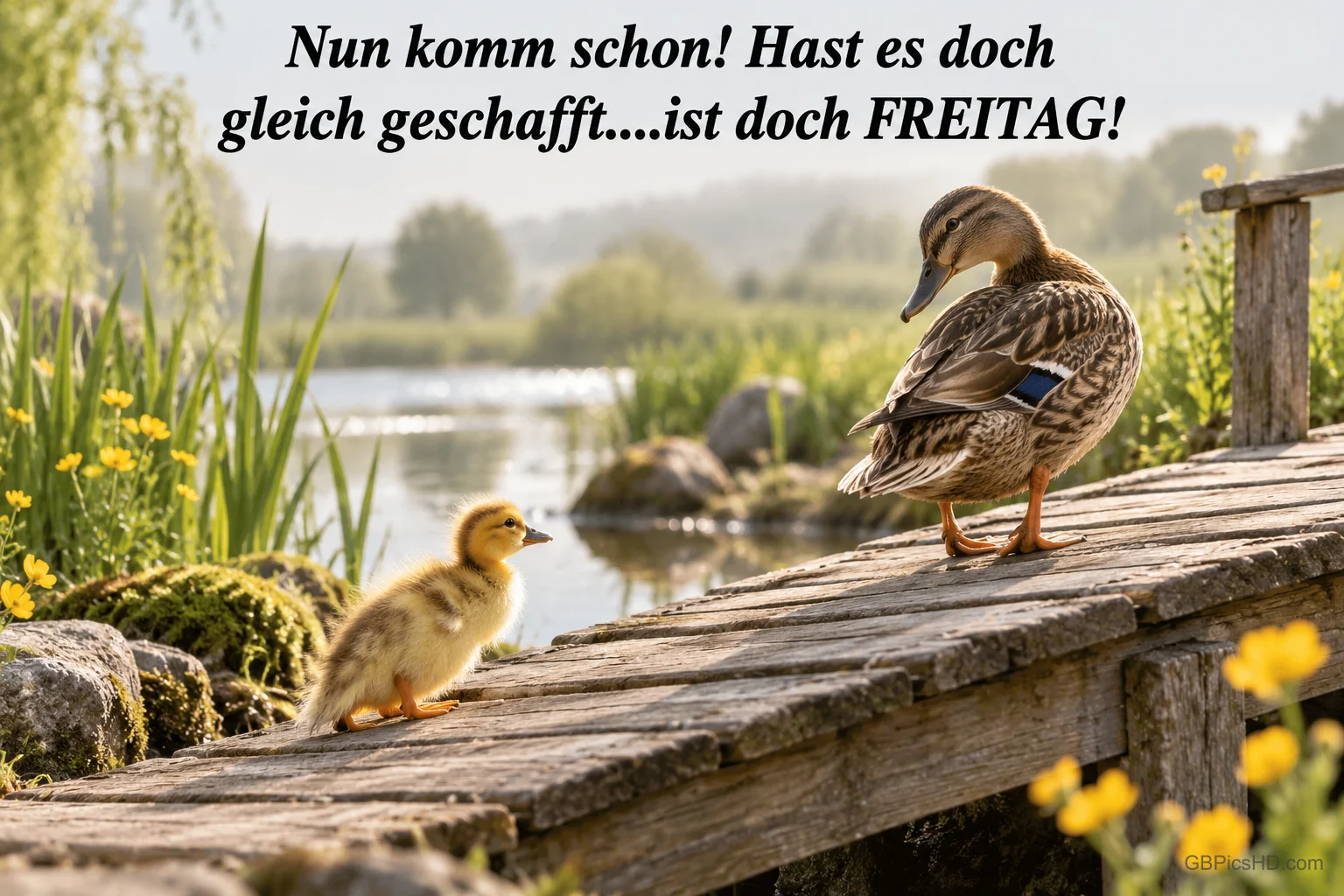 Eine Ente wartet auf einem Holzsteg auf ein Küken unter dem Spruch "Nun komm schon!".