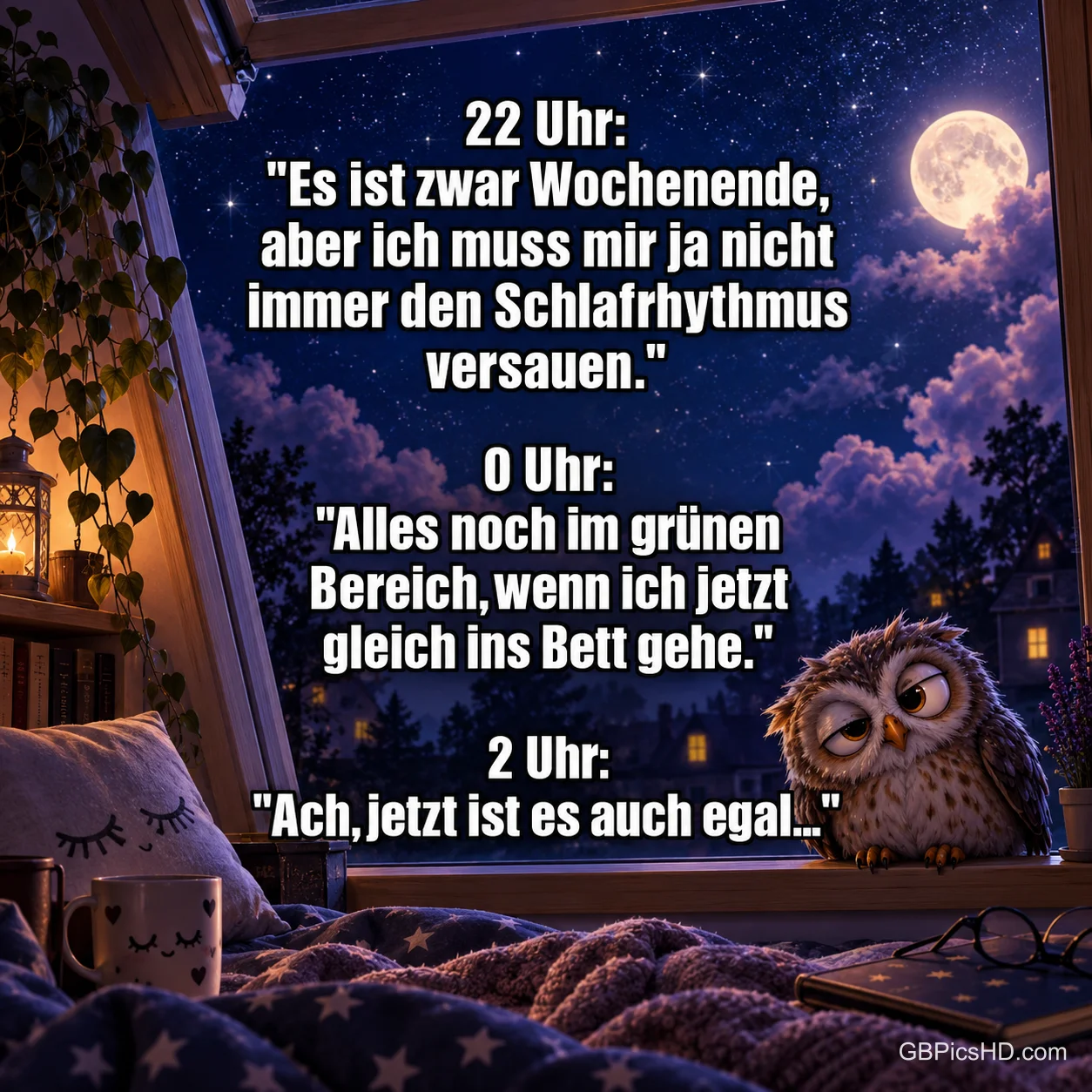 Eine müde Eule sitzt am offenen Fenster unter dem Mond neben "Ach, jetzt ist es auch egal...".