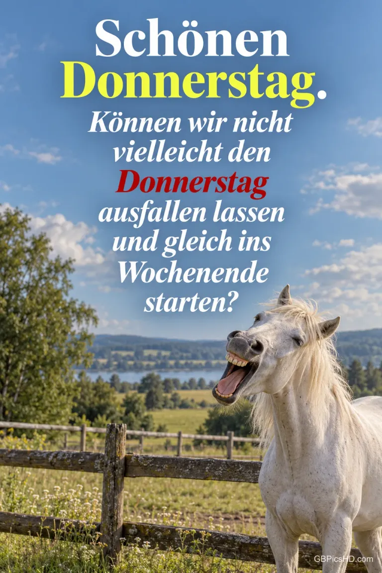 Ein weißes Pferd steht mit offenem Maul vor einem Weidezaun; darüber steht "Schönen Donnerstag." mit einem Wochenendwunsch.